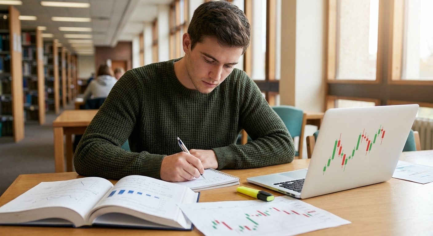 Estudiante de finanzas o de ADE estudiando gráficos junto a sus apuntes